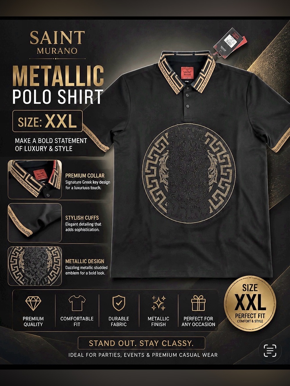 Saint Murano Men’s Italian Black & Gold Metallic Embellished Polo Shirt, XXL